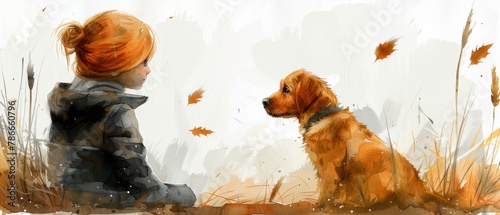 Detailed watercolor illustration with a cartoon character of a redheaded girl with a dog. Ideal for cards and prints