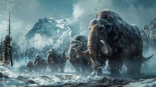 Majestic woolly mammoths in a snowy forest setting, powerful and ancient photo
