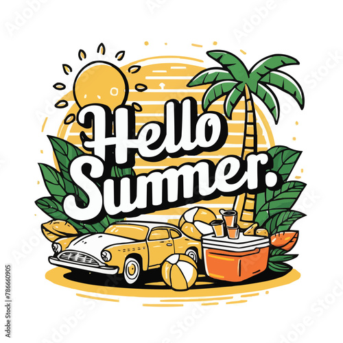 Hello summer colorful vector art illustration with different customized vector illustration art