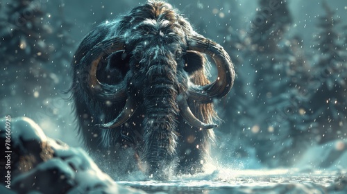 Majestic woolly mammoths in a snowy forest setting, powerful and ancient