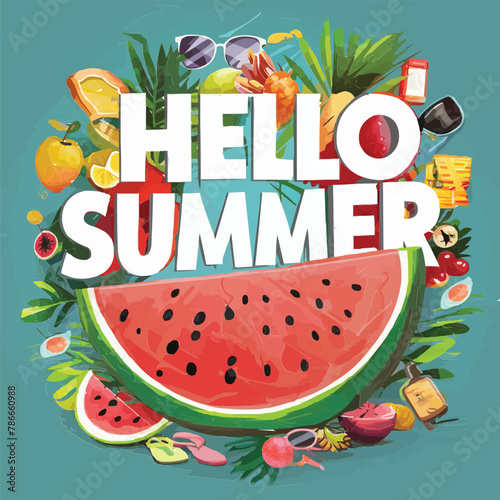 Hello summer colorful vector art illustration with different customized vector illustration art