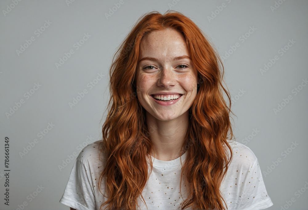 girl red hair smiling wearing white shirt happy healthy young