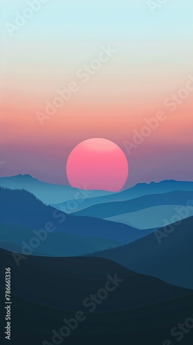 Vector landscape with large sun setting over mountain layers