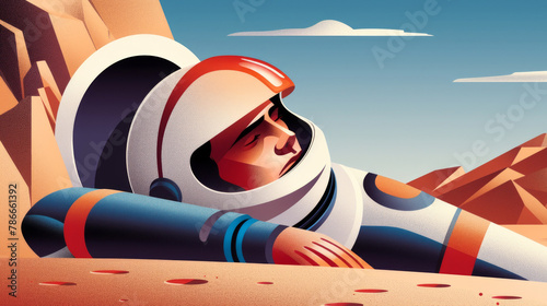 Close-up illustration of an astronaut lying down. A failed operation or an unsuccessful landing on an alien planet. A rescue operation