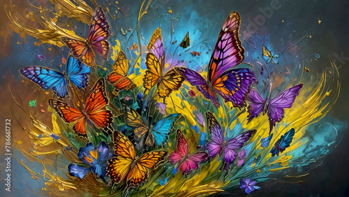 Modern Abstract Art Using a Vibrant Butterfly and Flower Effect Evolving into Colorful 3D Like Dynamic Thick Oil Splash, Spray and Symmetrical Effects © Snap2Art