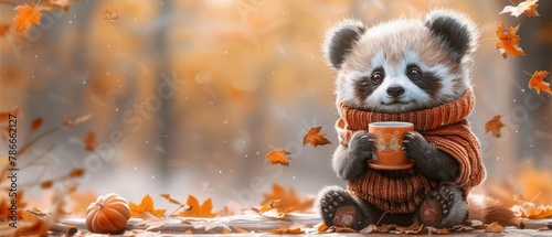 Children's illustration with cartoon panda and hot drink, autumn watercolor clipart suitable for printing and cards