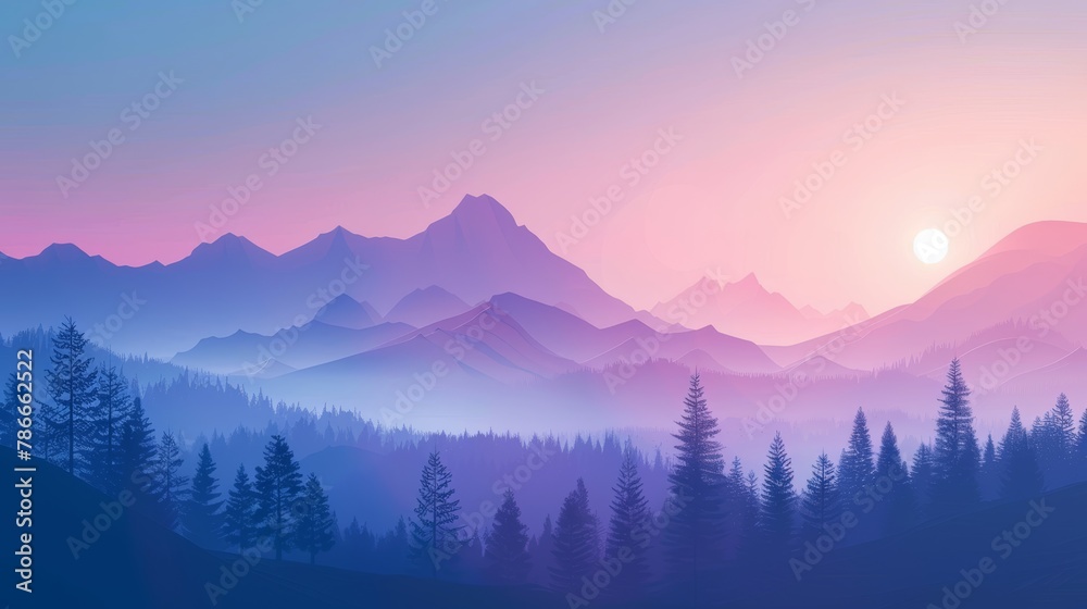 Pastel mountain landscape at sunset.