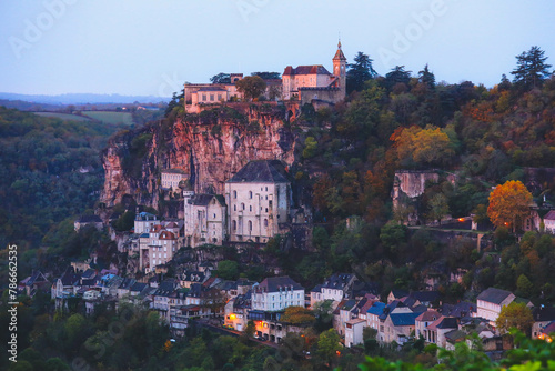 Soft focus on Pilgrimage village of Rocamadour on cliff at sunset, Midi-Pyrenees, France