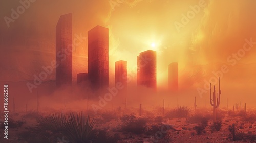 Futuristic cityscape in a misty desert under a giant moon at sunset