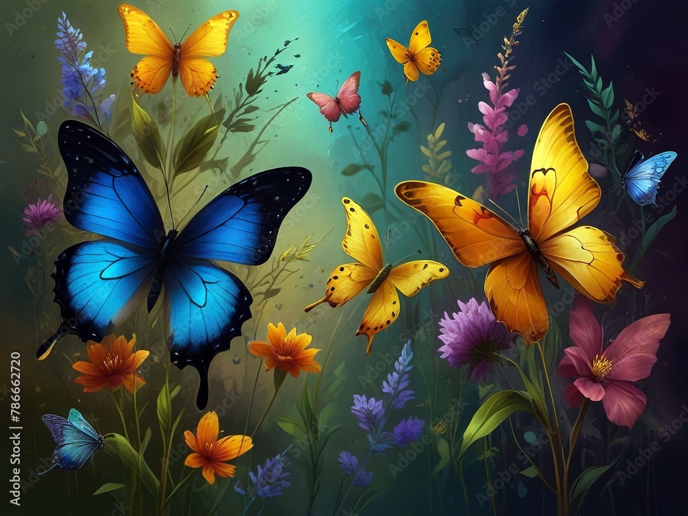 Fantasy Artwork of Mesmerizing Colorful Oil Painted, Jewel-Toned Butterflies And Wild Flowers, Against A Dark Alcohol Ink Background