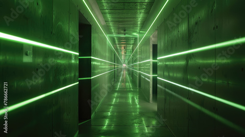 Futuristic corridor background, perspective of dark concrete garage with green led light, interior of modern underground hall. Concept of hallway, tunnel, room, technology