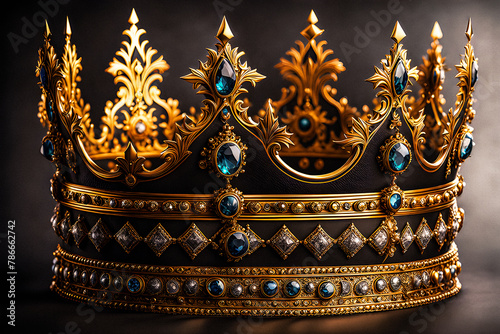 Royal gold crown on dark background with sapphires, Generative AI