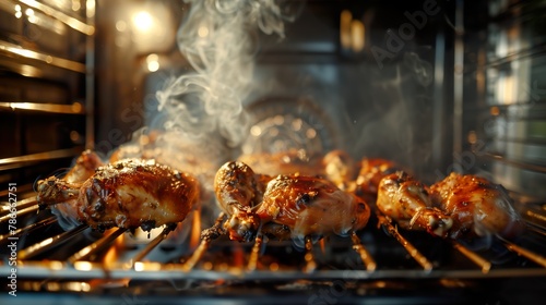 Whole partridge or chicken cooking in the oven, with flames and smoke, crust and crisp