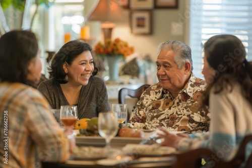 Happy Family Conversation at Dining Table, Cozy Home Setting