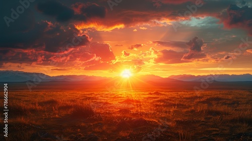 Stunning sunrise over open landscape with bright orange skies and mountain backdrop