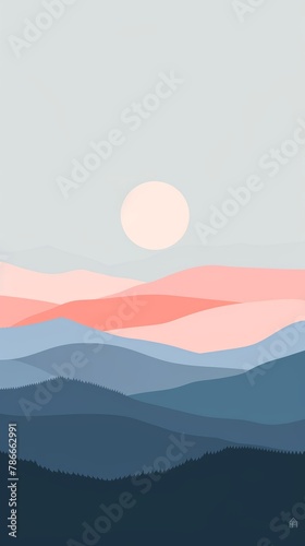 Minimalist mountain landscape at sunrise.
