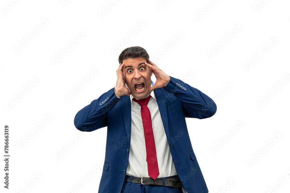 Terrified Businessman Screaming with Hands on Head white background Terrified Businessman Screaming with Hands on Head white background