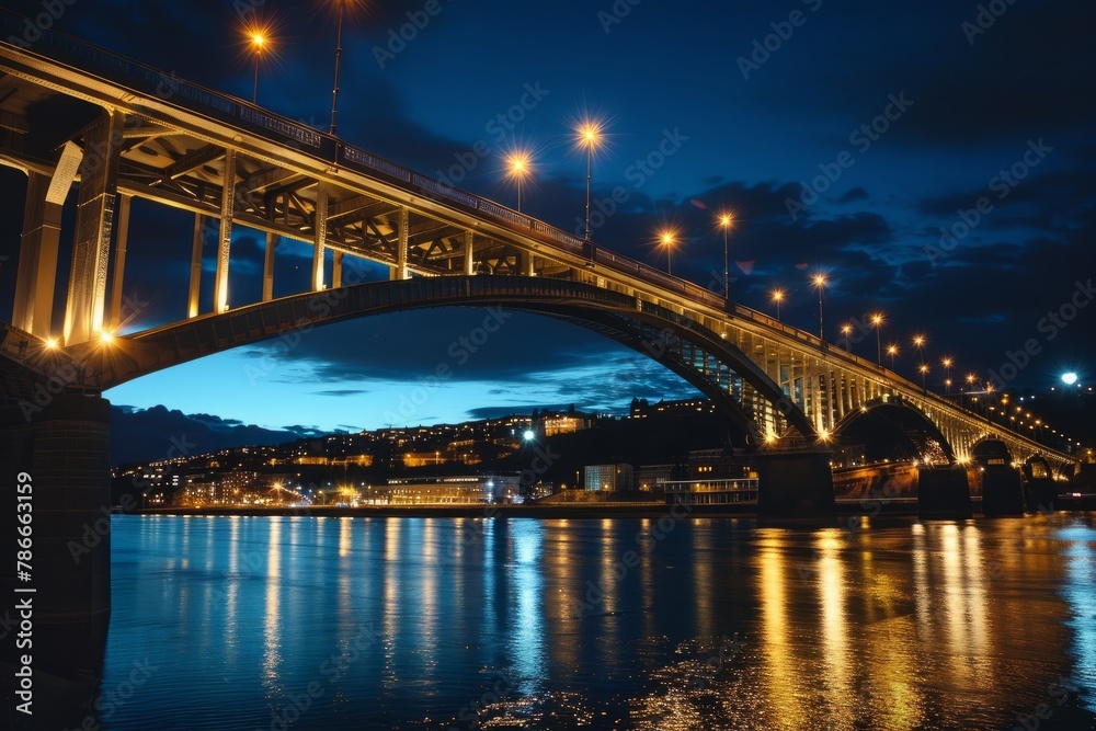Dusky Skyline with Bright Bridge Lights and River Reflection