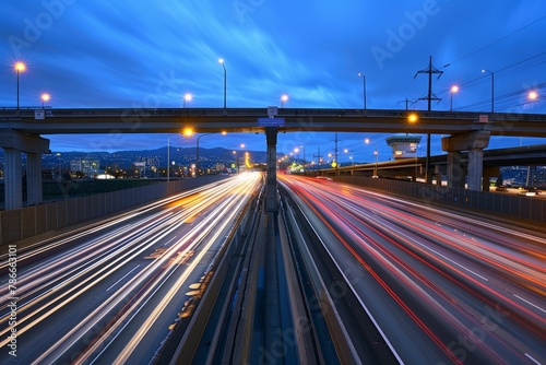 Elevated Night View of Busy City Traffic