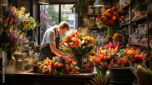"A florist arranging bouquets of vibrant flowers in a shop." --ar 16:9 Job ID: f7eed688-ff52-4386-ad06-a546f409325b