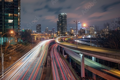 Urban Overpass in Evening, Cars' Light Streaks