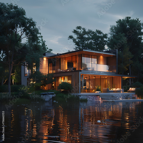 Rendering of modern house by the river at evening © sajawal