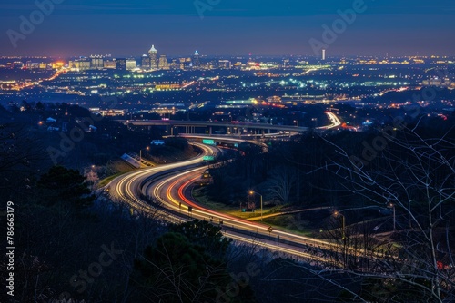 Nighttime Highway Curves, City Lights Panorama