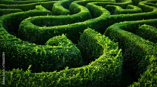 Lush Green Hedge Maze in Tranquil Park Setting with Winding Paths and Intricate Botanical Patterns photo