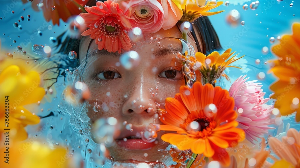 Portrait of a young beautiful Asian girl underwater in flowers. The concept of tenderness and innocence