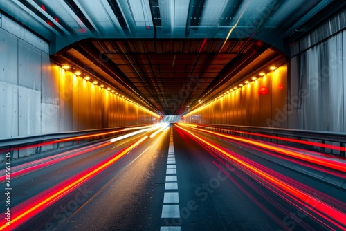 Illuminated Tunnel with Car Light Streaks in the Evening © Ilia Nesolenyi