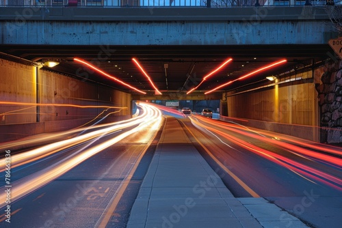 Urban Tunnel by Night with Streaking Vehicle Lights