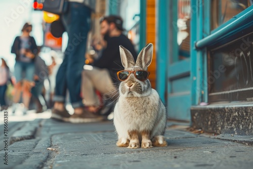 Stylish Bunny in Sunglasses on City Sidewalk