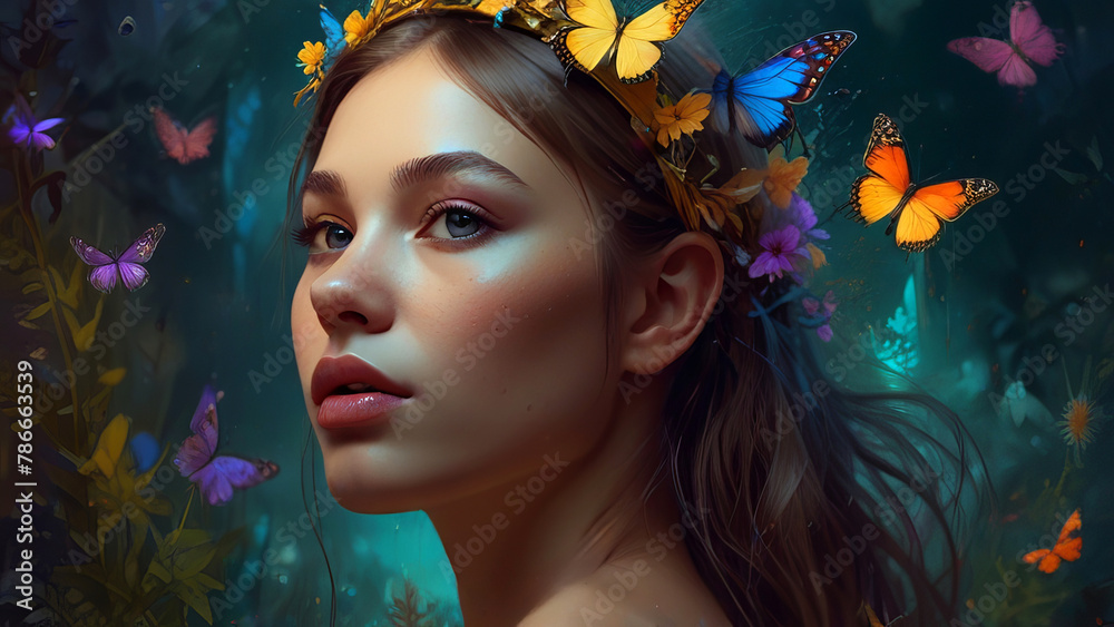 Fototapeta premium Fantasy artwork of ethereal, jewel-toned vision of a delicate, fairy-like girl against vibrant background of blooming flowers and kaleidoscopic butterflies