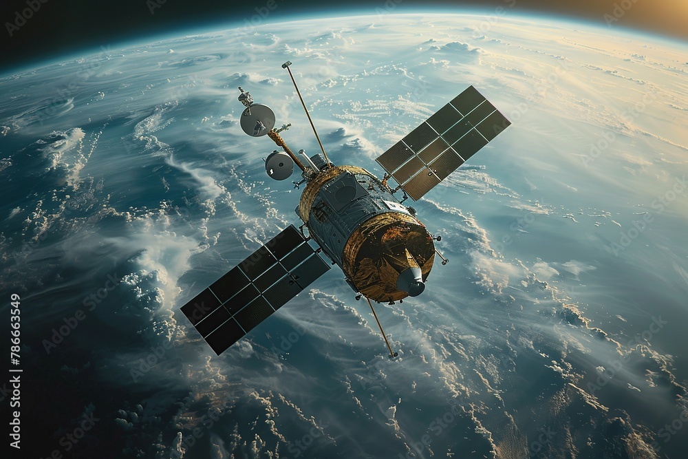 Obraz premium Experience the tranquility of a satellite gracefully orbiting Earth, offering a breathtaking view of continents and oceans below. This serene scene symbolizes the cutting-edge technology and seamless 