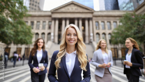 A smiling well dressed woman outdoors looking at viewer. There are people as well as a courthouse in the background.