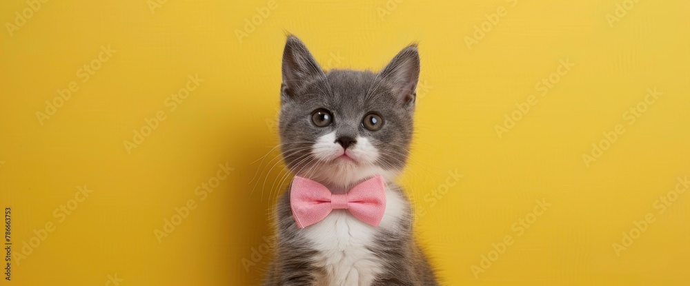 Fototapeta premium A British shorthair kitten with white and grey fur, wearing a pink bow tie on a yellow background, sitting in front of the camera. High quality photography