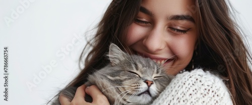 A beautiful woman with long hair holding and petting her cat, wearing white , smiling, closeup of the face, with an American Shorthair gray color cat in front, white background