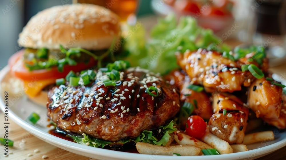 Hamburger with lettuce leaves, tomatoes, cheese and mayonnaise. Next to it is a portion of teriyaki chicken, with sesame seeds and chopped green onions.