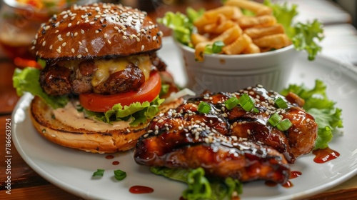 Hamburger with lettuce leaves, tomatoes, cheese and mayonnaise. Next to it is a portion of teriyaki chicken, with sesame seeds and chopped green onions.