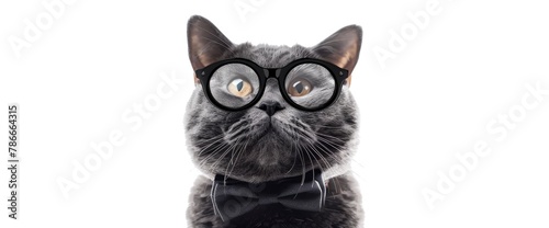 Cute British Shorthair cat with a bow tie and glasses isolated on a white background, closeup portrait, copy space for text, studio shot