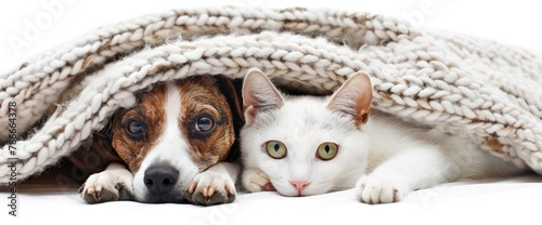 Cute cat and dog under blanket isolated on white background ,ultra realistic photo, professional photography, fulllength shot photo