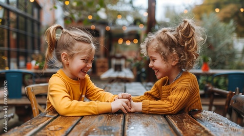 Two toddlers smiling and sharing a moment at a wooden table
