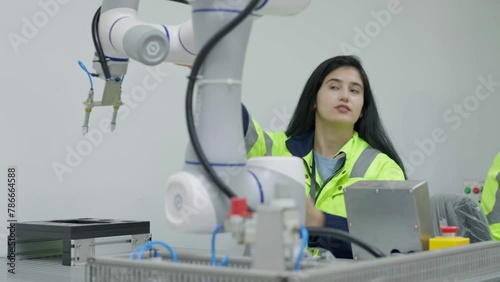 Group of multiethnic engineer researching and developing a robotics arm in scientific technology laboratory. Technician examining Industrial robot machine. Automated and manufacturing factory concepts