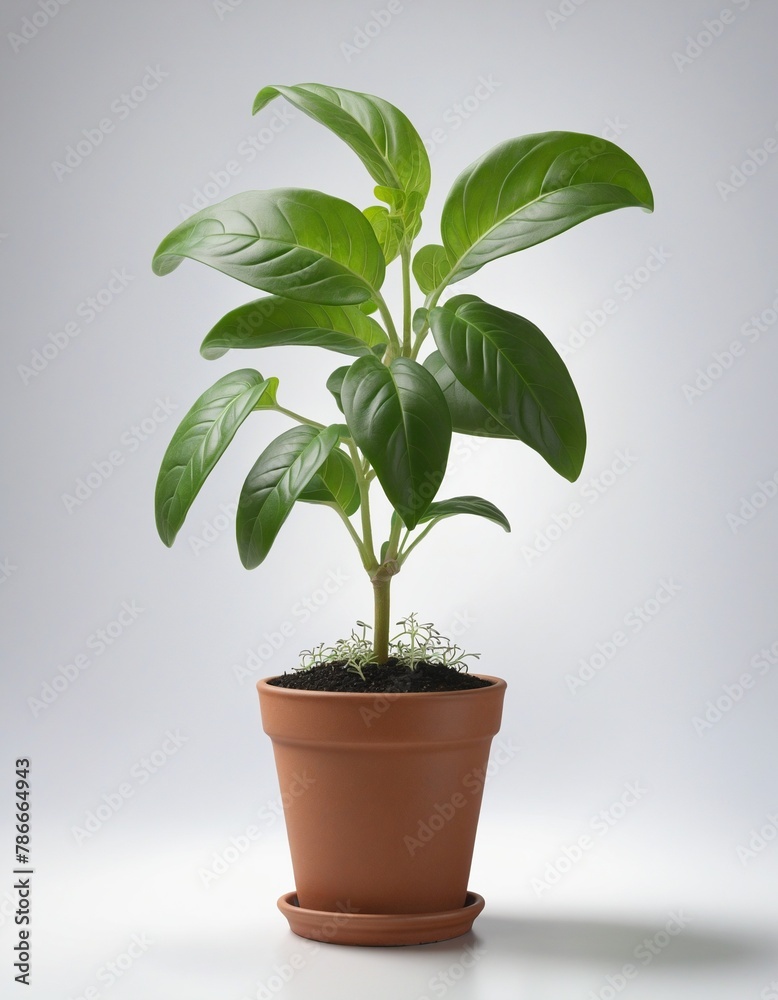 Side view of potted herb in bright colours Basil