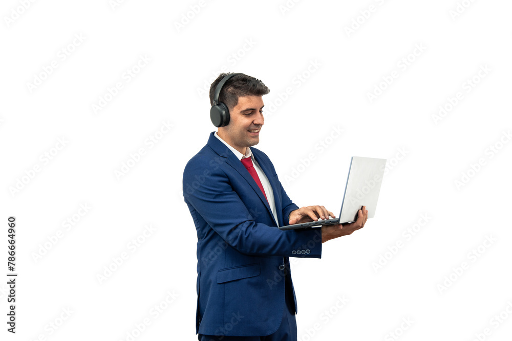 Businessman Working on Laptop with Headphones white background Businessman Working on Laptop with Headphones white background