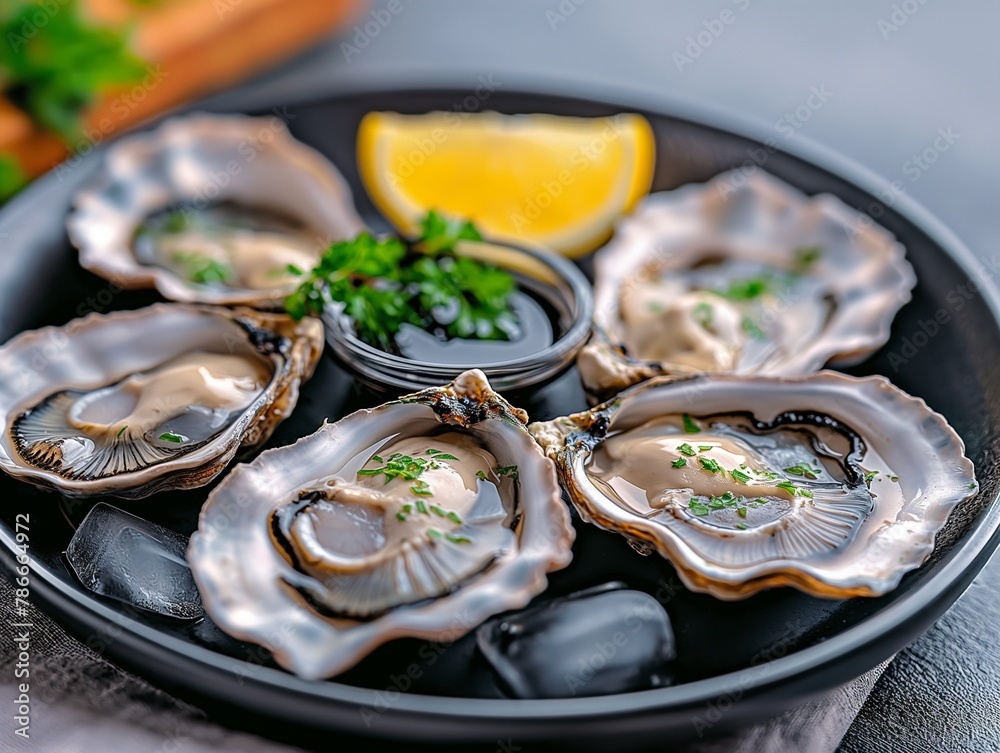 Opened Oysters on dark plate on the table. Close-up.