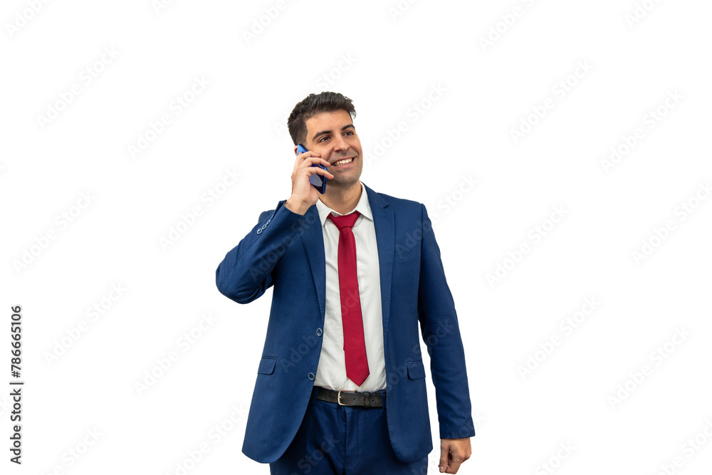 Businessman in Suit Making a Phone Call with Smartphone white background Businessman in Suit Making a Phone Call with Smartphone white background