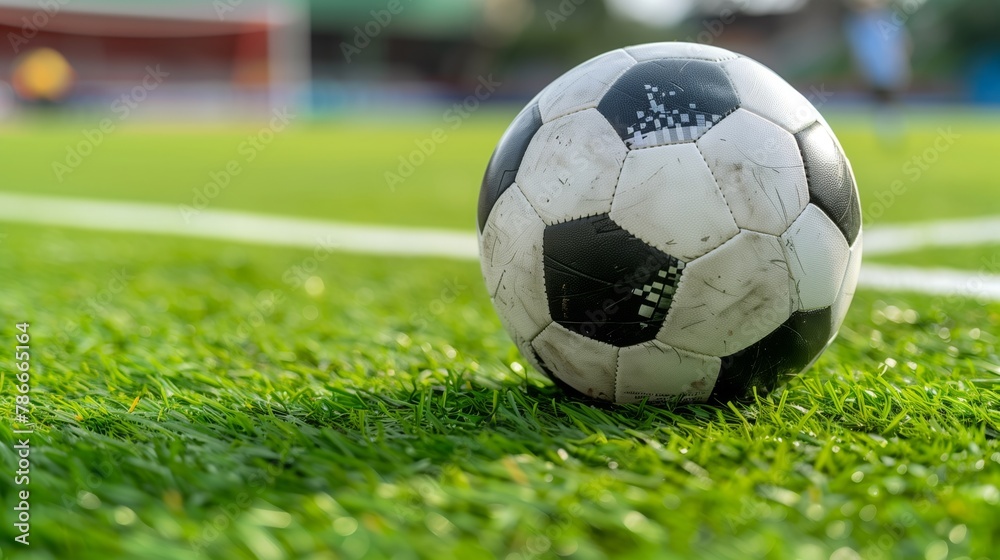 A soccer ball rests on the grass of a soccer field