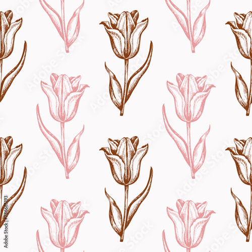 Vintage seamless pattern with pink tulips.