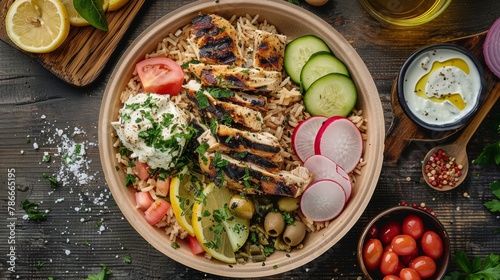 Fast food, brown rice pilaf, souvlaki with grilled chicken, tzatziki, cucumbers, tomatoes, pickled red onion, olives, radishes, Feta cheese, with hot tahini sauce.